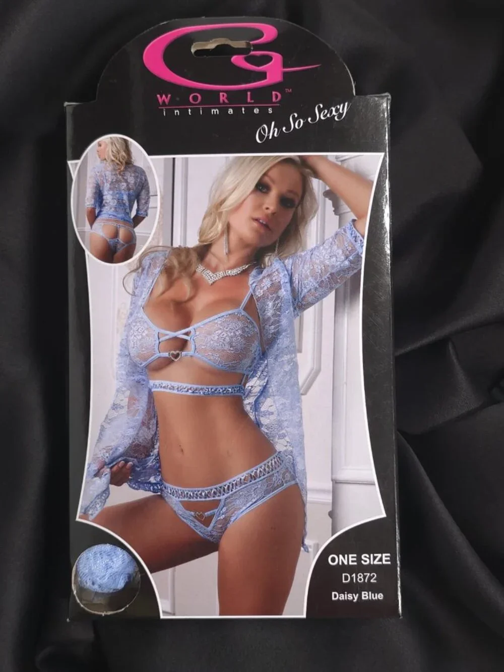 G WORLD Intimates Daisy Blue 3-Piece Lace Robe Cutout Bra Panty Set